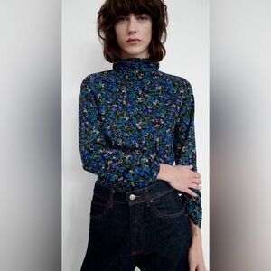 Zara Blue Multicolor Floral Long Ruched Sleeve Mock Neck Blouse | Size XS